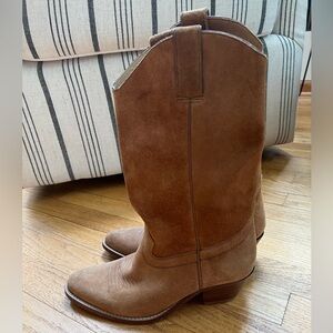 Camel suede western boots .